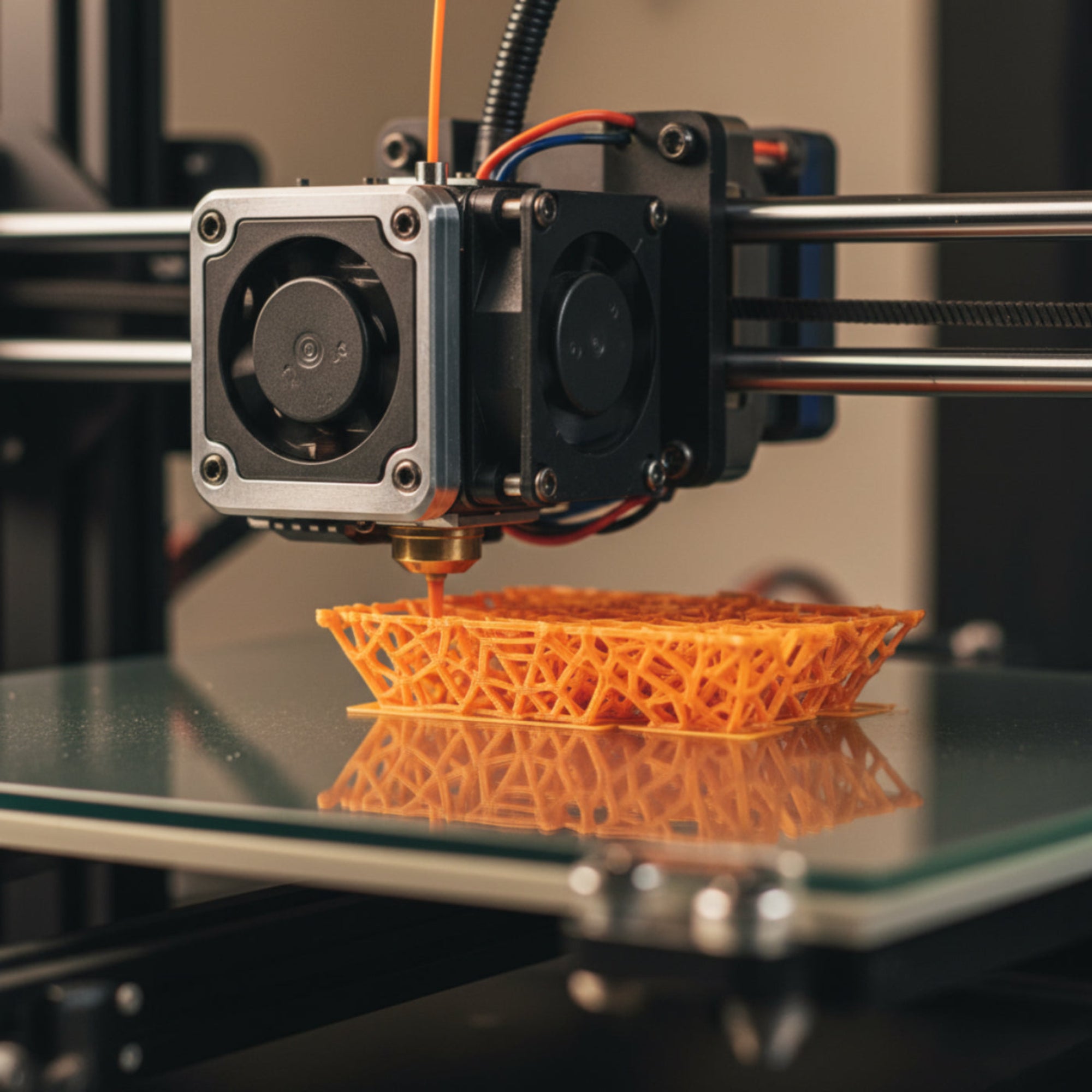 3D printer in action with an orange plastic object being printed.